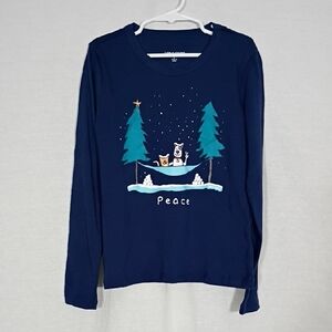 NWT Life Is Good Girls Darkest Blue Long Sleeve Peace Dog Cat Graphic Tee Sz Lg